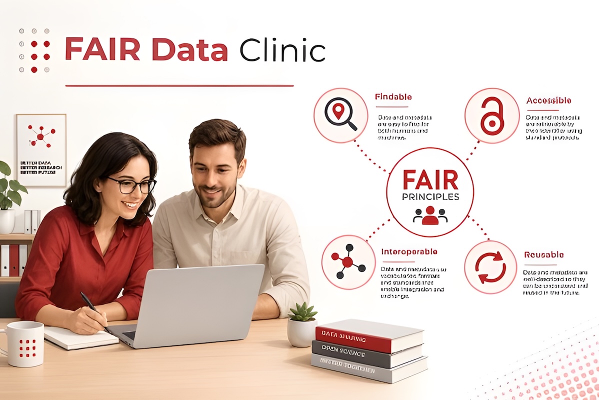 Two people in front of a laptop. The text reads FAIR Clinic